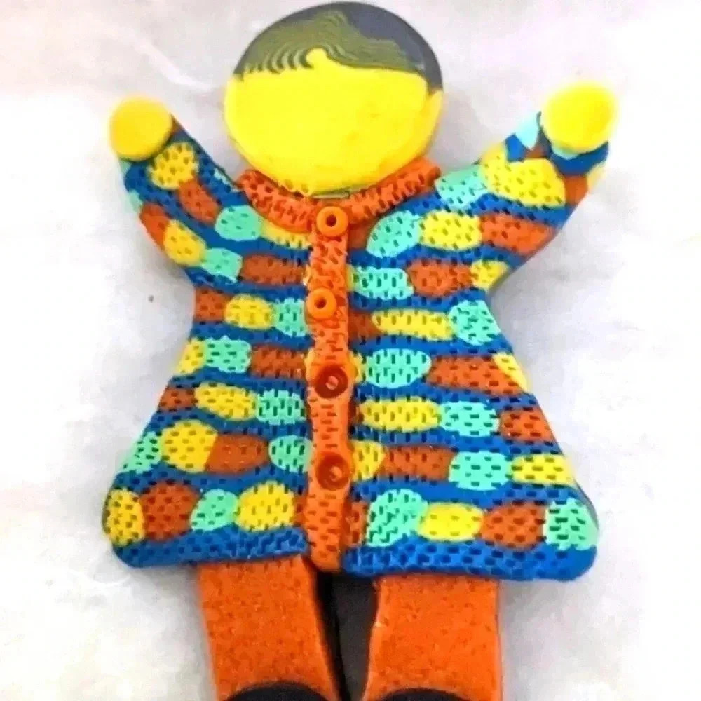 Artisan Made Polymer Clay Figure With Multicolored Detail Brooch Pin